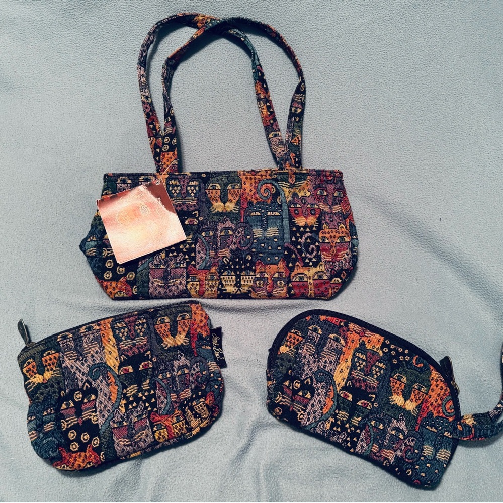 NWT Laurel Burch Purse Tapestry Cats Canvas Bag set
